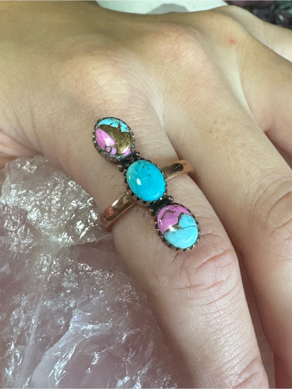 Kingman Cotton Candy Dahlia & Mojave Turquoise Crawler Ring - Size 7 - 7.25